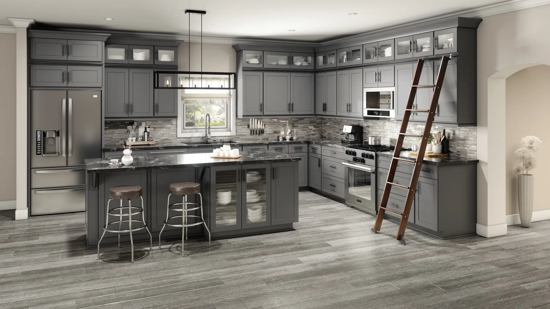 large kitchen with grey wooden floors, ladder attached to cabinets and bar stools