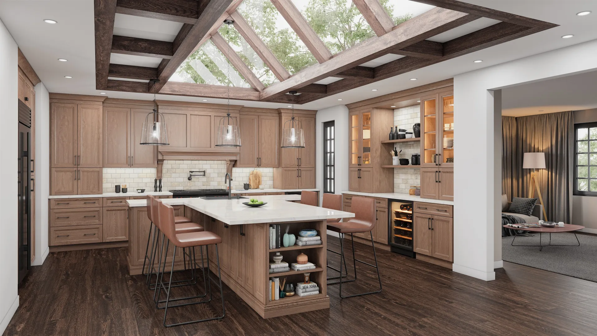 Large open wooden kitchen with large sky light and granite countertops