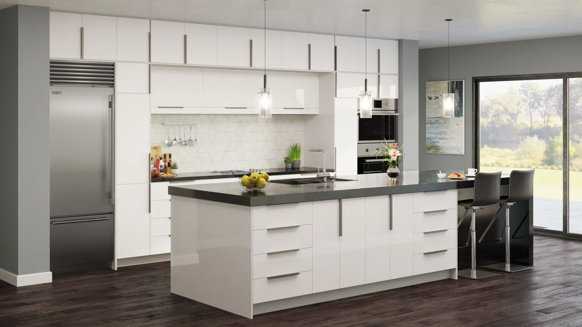 Large open white and black kitchen with large window view of outside