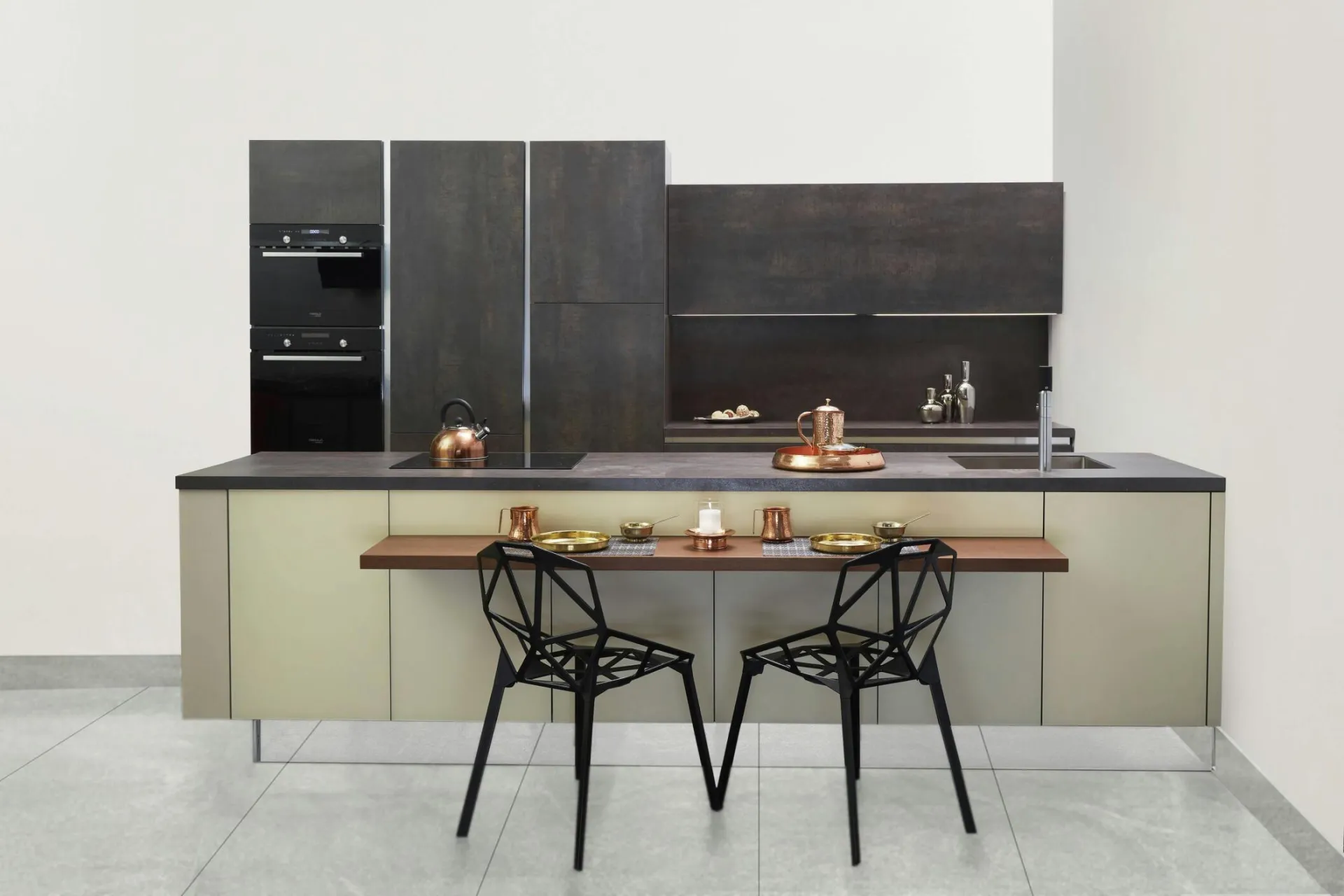 Elegant modern kitchen featuring copper accents and minimalist design.