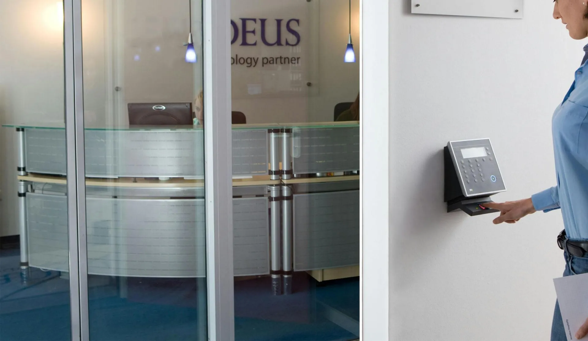 Woman using biometric scanner in modern office setting for access control.