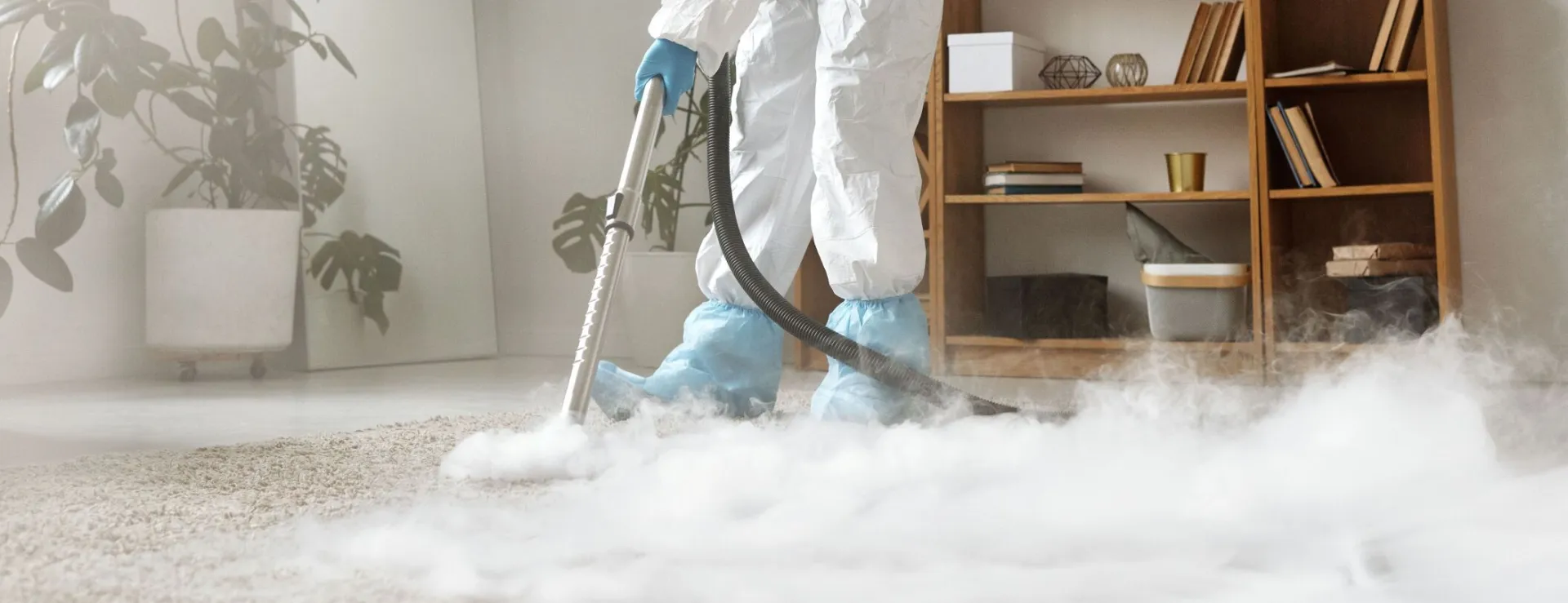 Person in protective suit disinfecting room with fogging device for sanitation.