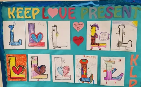 a bulletin board displaying cartoons of the letter L by the children at walnut st elementary school in woodbury, nj