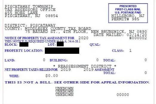 New Jersey Property Tax Assessment postcard