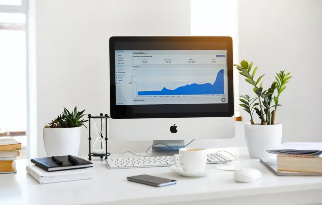 Silver Imac Displaying Line Graph Placed on Desk