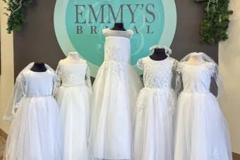 white little girl's dresses perfect for First Communion or Flowergirl special order sizes, purchase from stock same day