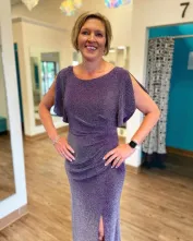 Alex Evenings Plum flutter sleeve glitter fabric dress. Ruched waistline, easy to wear