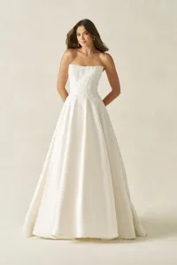 Beaded lace bodice with scoop, strapless neckline, and simple satin skirt