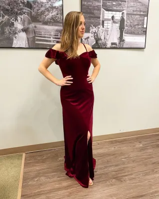 red crimson burgundy off the shoulder velvet bridesmaid dress