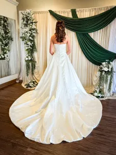 Strapless, satin ballgown wedding dress with full train
