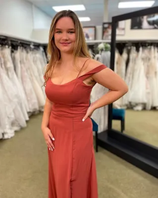terra cotta burnt orange cinnamon spice chiffon brides maid dress