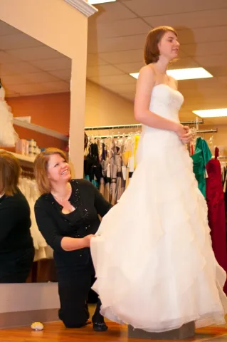 Anne pinning bridal alterations at Emmy's Bridal, OH. Striving to have every bride leave the store looking her best!