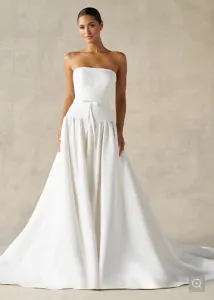 Strapless, drop waist a-line gown with luxe satin skirt and lace-covered bodice