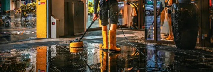 A man cleans the entrance of a store during a rainy day, reflecting urban life.