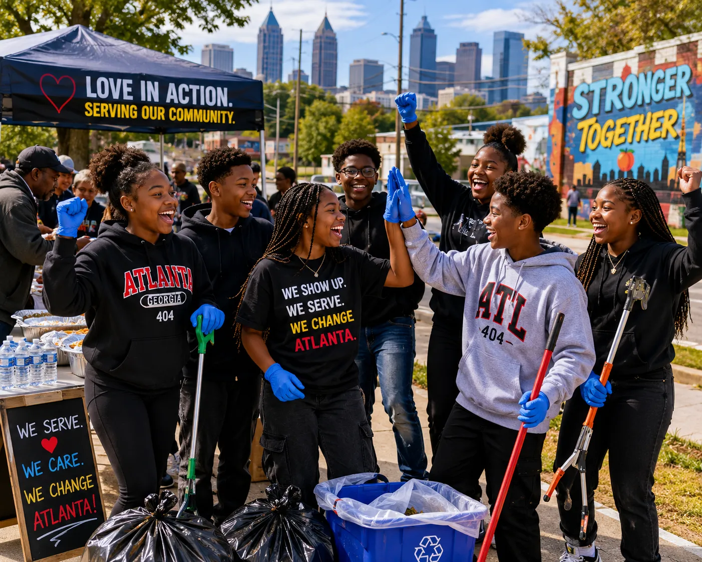 Atlanta youth celebrate a successful community outreach day after serving food, supporting neighbors in need, and helpin