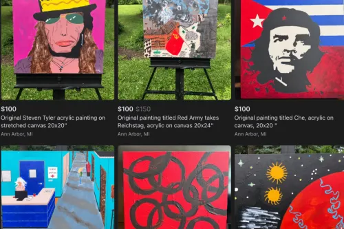 paintings, colorful, people's faces, a battle scene, a hospital scene, an abstract and outer space