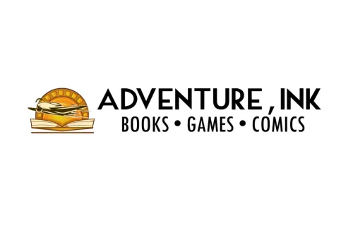 Adventure, Ink logo books, games, comics, open book, airplane taking off, sun behind