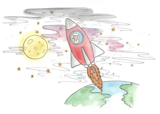 Watercolor of a cat in a rocket ship flying to the moon, Earth below