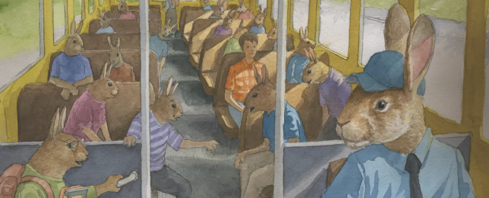watercolor of rabbits on a school bus, including a rabbit bus driver in a tie and cap, and one boy on the bus