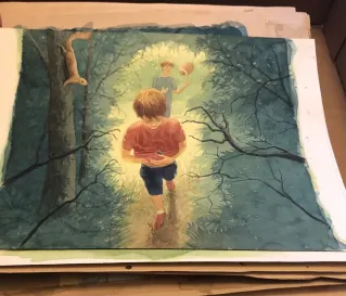 Illustration in water color of a boy entering the woods, holding something in his shirt, another boy behind him