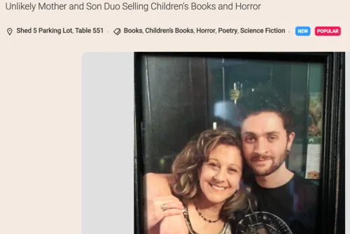 A mother and son arm in arm, smiling.