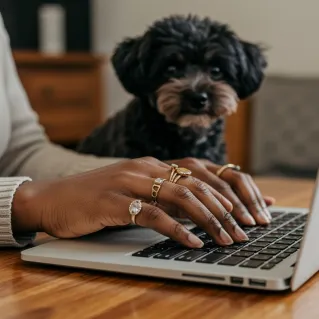 African American woman working on computer with dog near