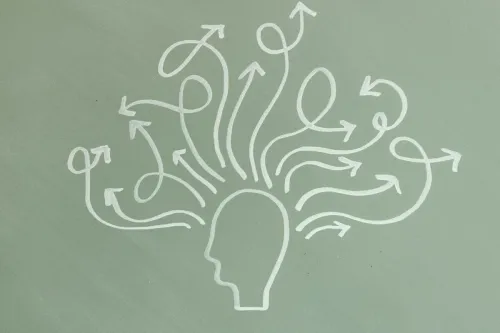 Abstract illustration symbolizing mental health and ADHD awareness with arrows representing thoughts.