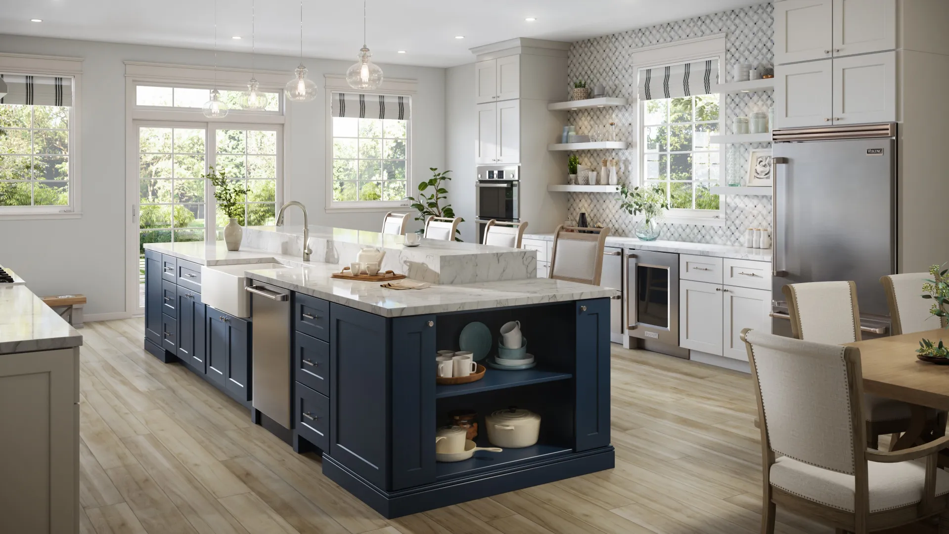 Large open kitchen with wooden floor, steel appliances and windows looking outside