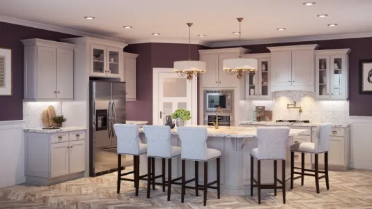 a kitchen with high seats at the dining table