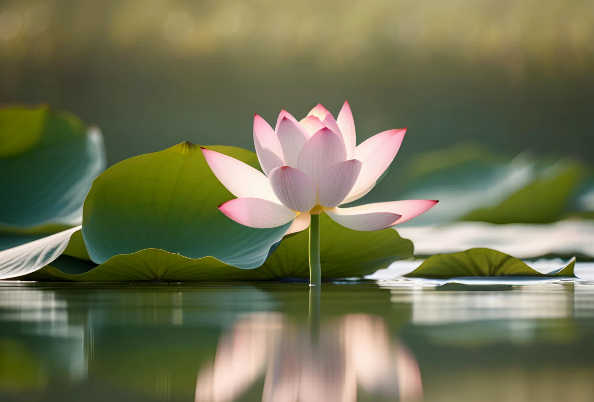 Blooming lotus flower with green leaves
