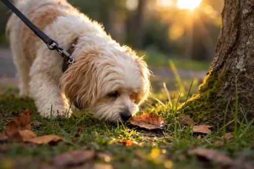 Cavachon puppy on a sniff walk