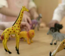 Close-up of children's hands playing with animal plastic toys.