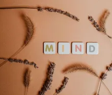 Flat lay of the word 'MIND' surrounded by dried flowers on a warm backdrop.