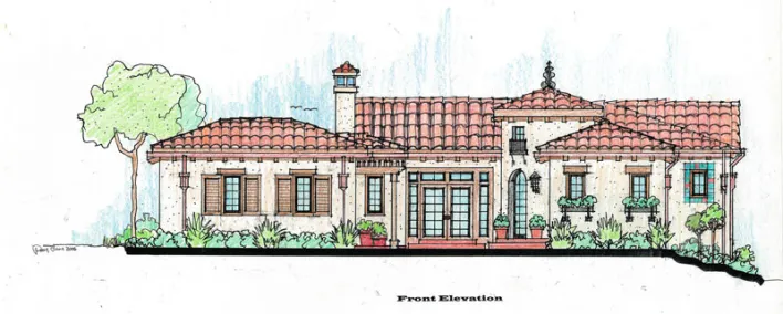 Robert's front elevation preliminary drawing for an extensive remodel of a cottage in the Carmel Valley, CA