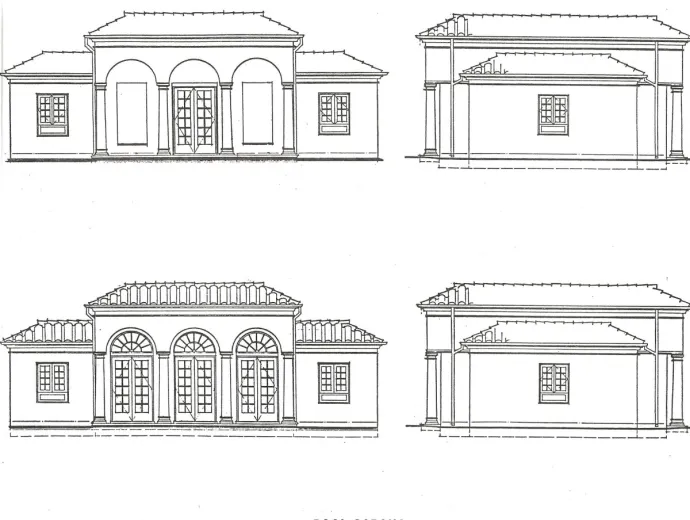 Blueprint of 4 elevations of an ADU studio design with large arched windows & doors, tile roof, and vaulted ceiling.