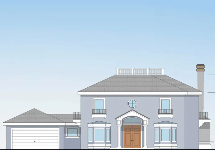 Color rendering of a classic 2-story house with 2-car garage, arched entry portico flanked by large bay windows