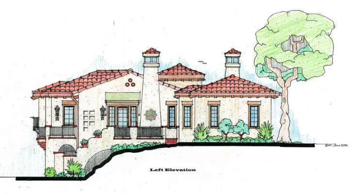 Rear elevation design sketch of proposed enlarged home with chimneys, exposed solid beam lintels & French doors