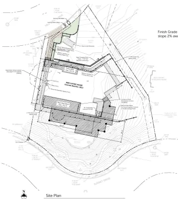 Site plan indicating location of main structure, large rear deck & retaining wall on hillside topography