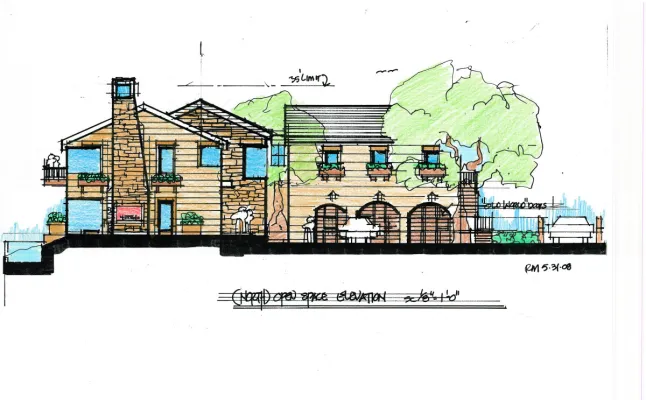 Interesting design mix of stone, wood siding, large glass adjacent to view deck with 3 arched garage doorways Ojai, CA