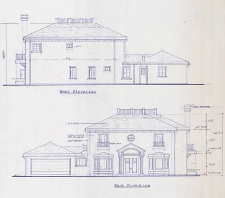 East & west elevations of Pasadena classic home in the Linda Vista district (near Rose Bowl) designed by Robert Meckauer