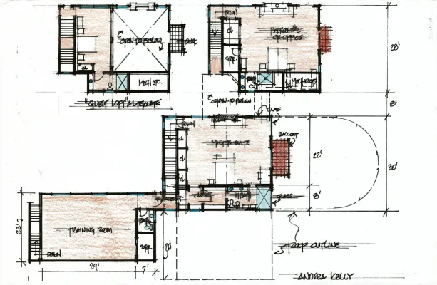 Hand drawn preliminary upper floor plan for home in Ojai, CA with creative layout linking training room to main house