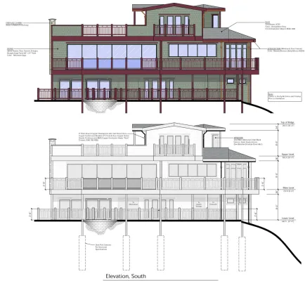 AutoCAD drawing of south side with massive glass & decks on 3 levels overlooking 180 degree view of Pacific Ocean