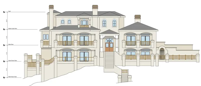 Color drawing of a sprawling multi-story house with balconies, chimneys, terraces & large arched windows