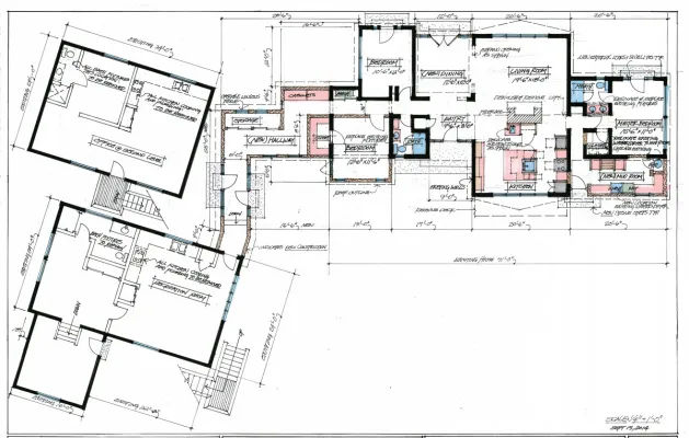 Hand drawn floor plan of California house connected to separate barn structure by hallway with glass doors
