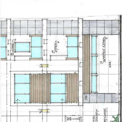 Front elevation concept sketch of permitted 3-story 2BR/3BA house with 3 decks, 2-car garage and JADU in Ventura, CA