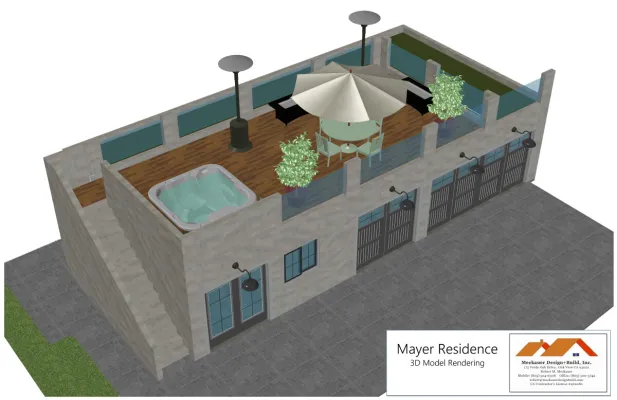3D image of permitted & built garage converted to ADU with storage & roof deck in Hancock Park district in Los Angeles