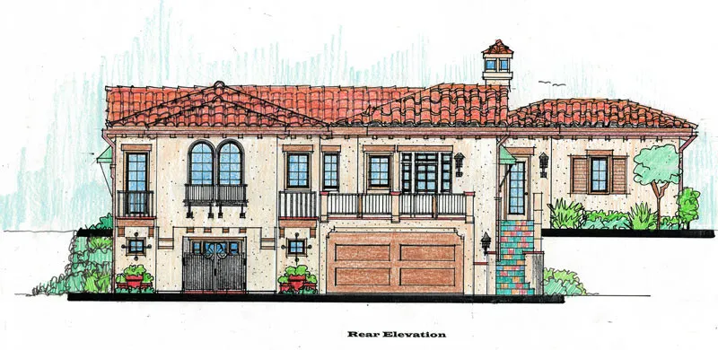 Robert's design sketch of proposed enlarged home with 2-car garage, arched windows, rear deck & tiled stairs