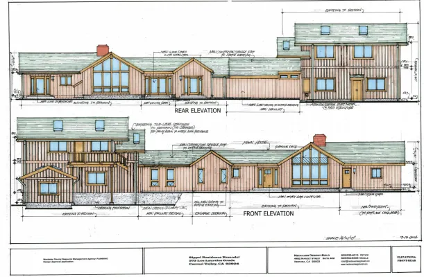 Front and rear elevations of wood clad California house connected to separate barn structure by hallway with glass doors