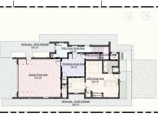 Permitted AutoCAD plan of ground floor of 3-story contemporary house indicating location of JADU in Ventura, CA
