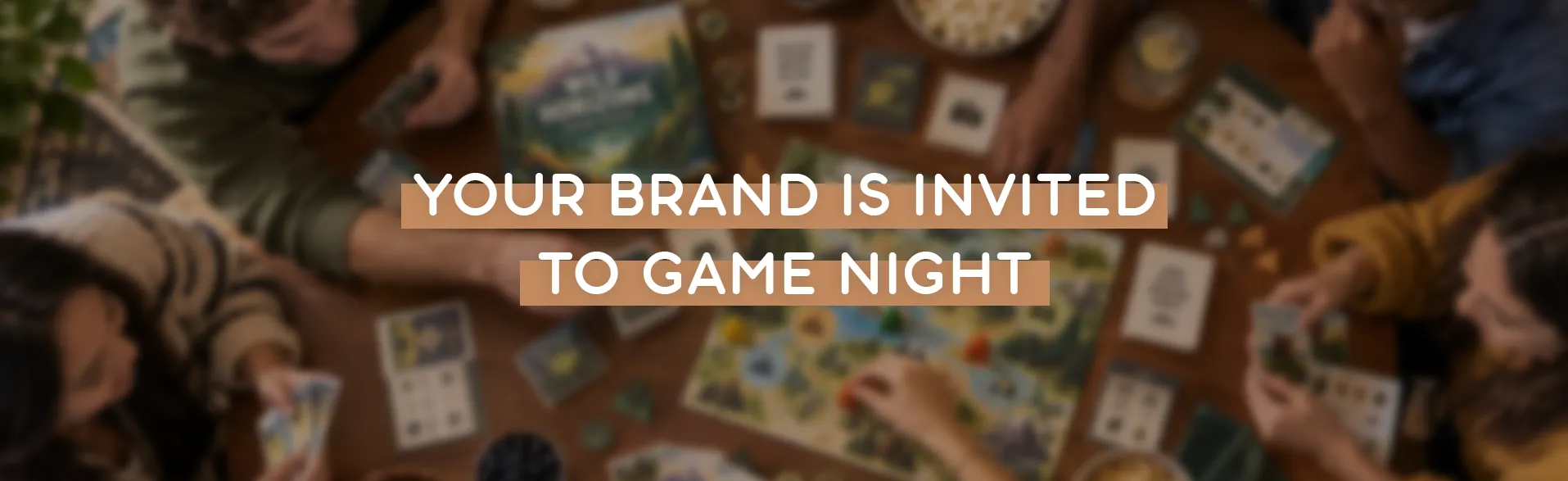 A group of four friends plays a custom branded board game in a living room setting. They are laughing in surprise.